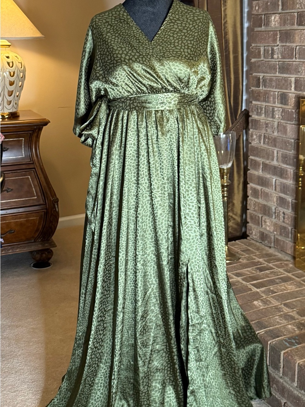 Baltic Born XXL Olive Green Satin Jacquard Maxi Dress | Old Hollywood Boho Glam